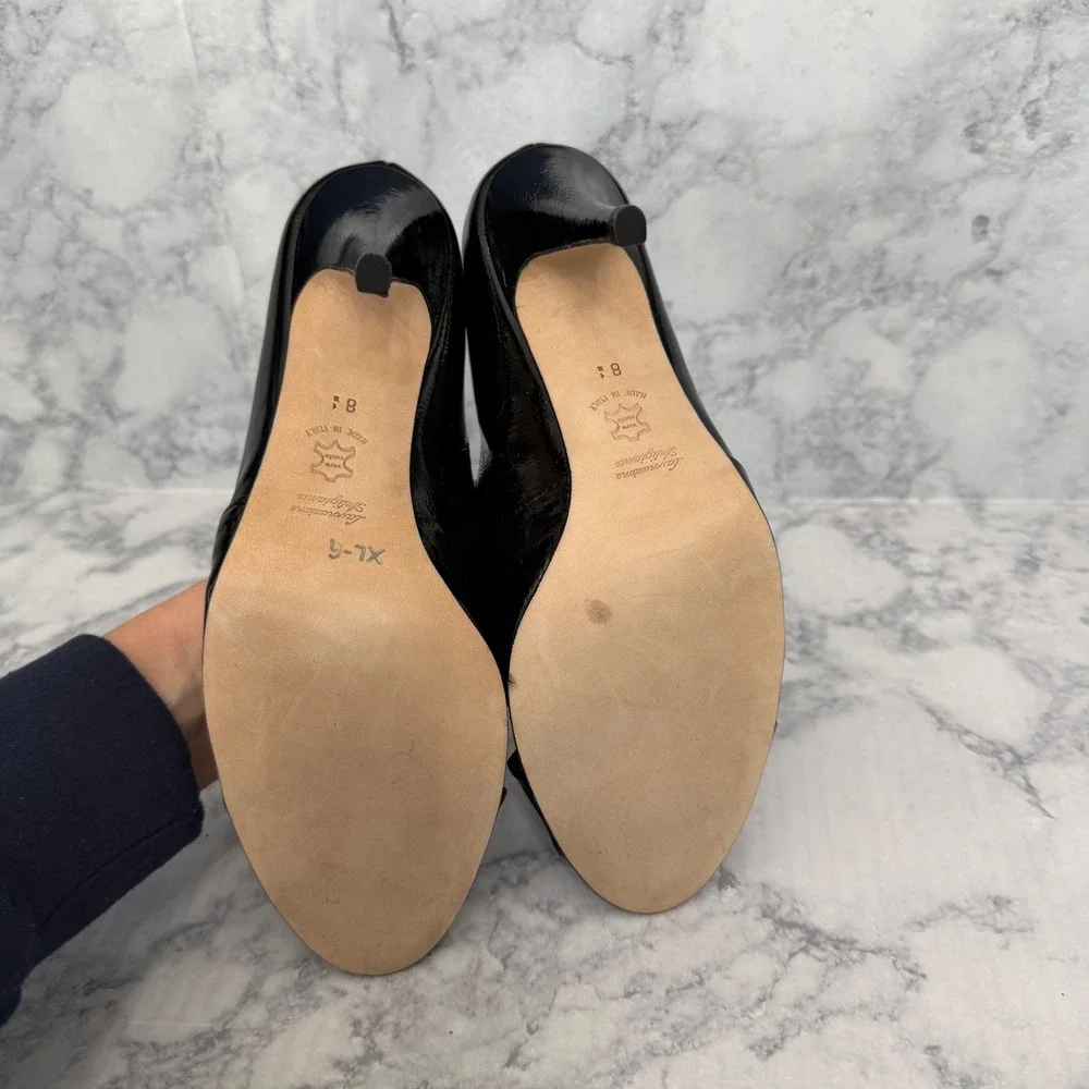 Butter Peep Toe Pumps 8.5 Black Patent Leather Knotted Bow Stiletto Italy‎
